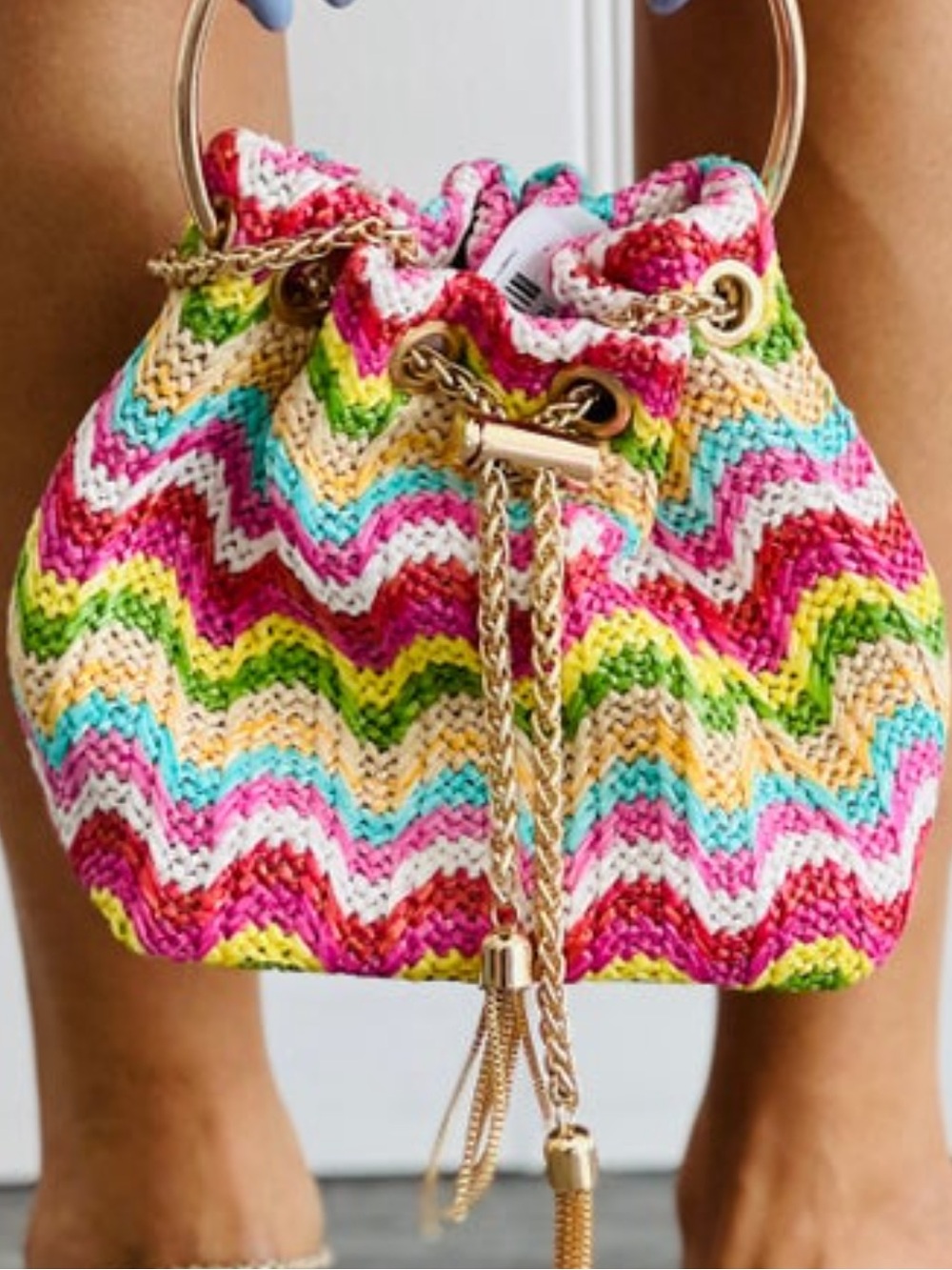 Trendy boutique Multicolor Chevron Knit Mini Bucket Bag with Gold Rings